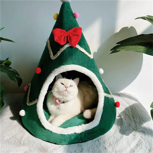 GPPSUNGD Christmas Tree Cat Bed for Indoor Cats House Tent with Detachable Pillow Xmas Cave Beds for Pets Cats and Dogs (23.6 X 21.7 Inch Green Xmas Tree)