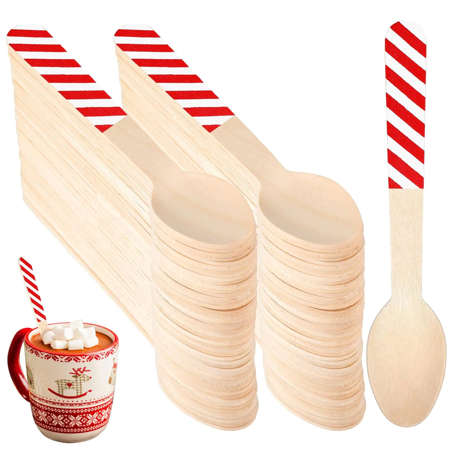 Umigy 100 Pieces Wooden Spoons Disposable 5.5 Christmas Disposable Wooden Spoon Pattern Wooden Spoons for Hot Chocolate Wooden Tasting Spoons for Cake Cocoa Coffee Ice Cream (Red White Stripe)