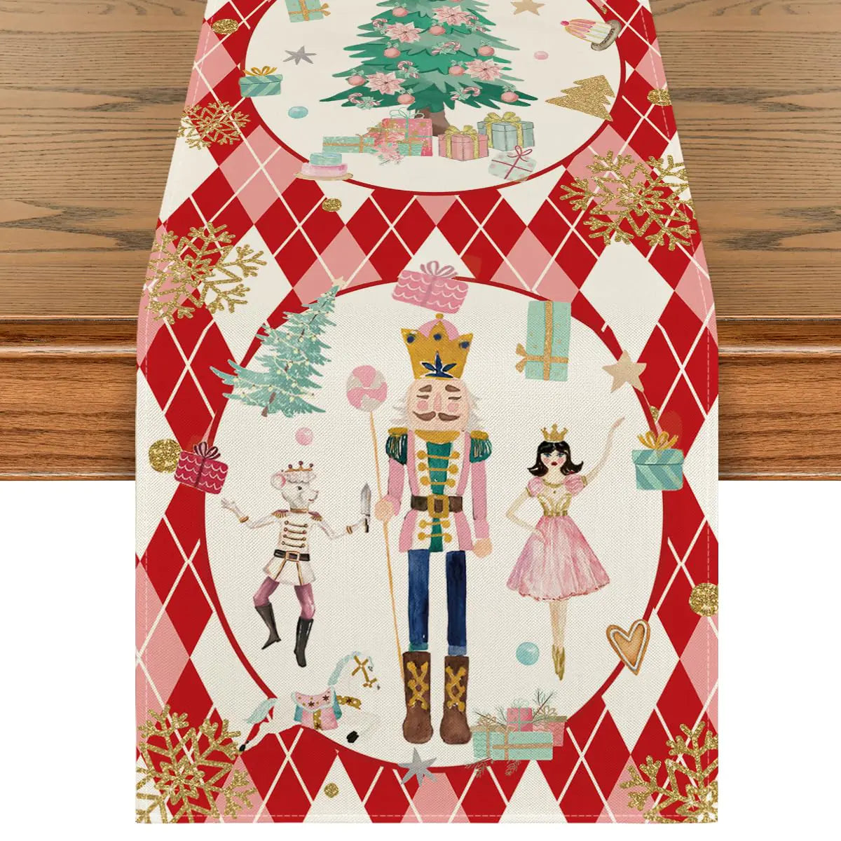 Artoid Mode Red Diamond Plaid Nutcracker Snowflake Christmas Table Runner Winter Kitchen Dining Table Decoration for Home Party Decor 13x90 Inch
