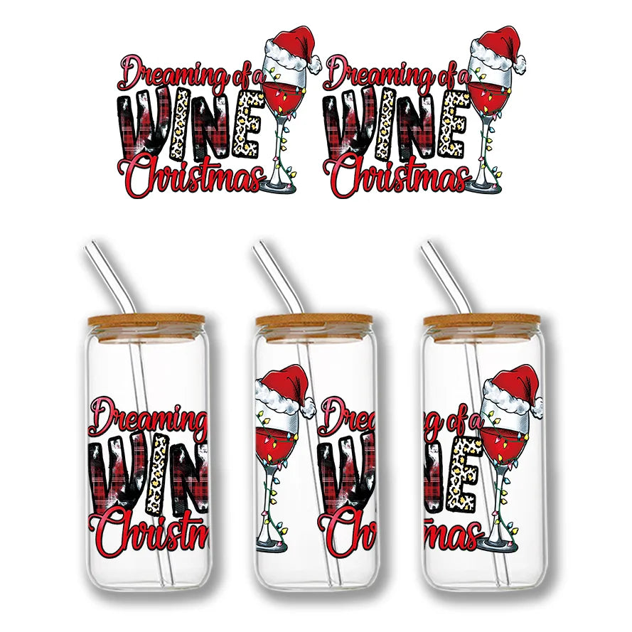 Christmas Design 3D UV DTF Wraps Stickers Cute Wraps .For 16 OZ Glass Libbey Selfadhesive Washable DIY Custom Cups Wrap Stickers
