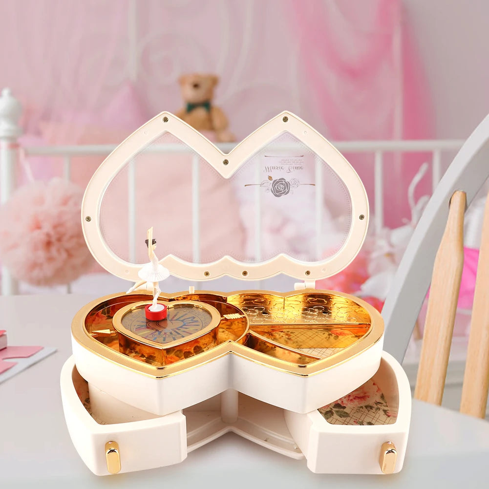 Ballet Dancer Music Box Double Heart Shaped Jewelry Storage Case Ballerina Musical Box Gift For Girls