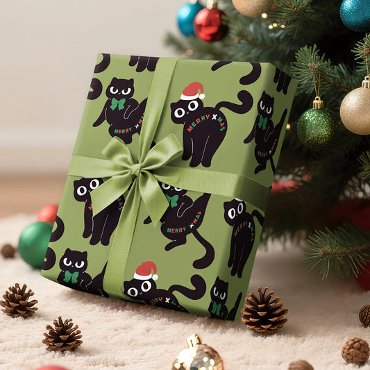 1 Roll Christmas Wrapping Paper Green Background Black Cat Santa Hat 43cm x 500cm for Gift Wrapping Holiday Decor FestiveJoy Use