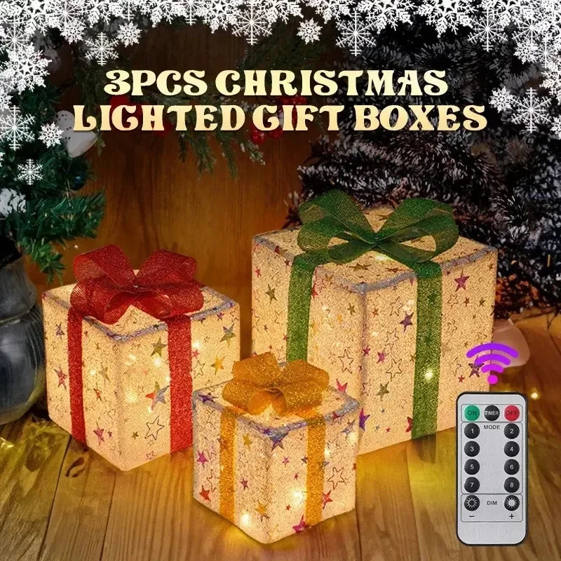 3PCS Set Christmas Gift Box Christmas Decor Luminous Bow Holiday Lighted Up Christmas Tree Holiday Party Indoor Outdoor Decor