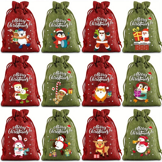12 Christmas Burlap Cloth Bags Fabric Bags Biscuit Candy Bags Party Packaging Storage Bags Suitable For Gift Festivals 2025 New