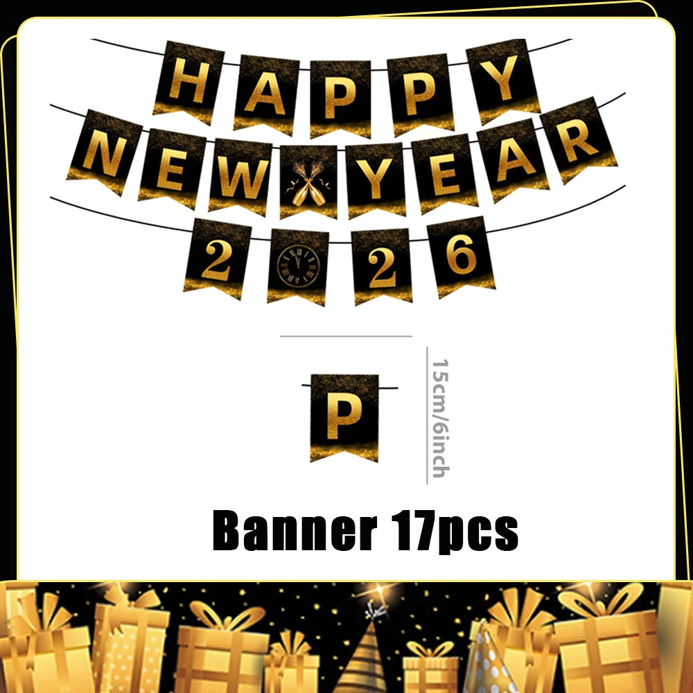2026 Happy New Year Eve Party Decorations Black And Gold Disposable Tableware 2026 Number Balloons Family Gathering Backdrop