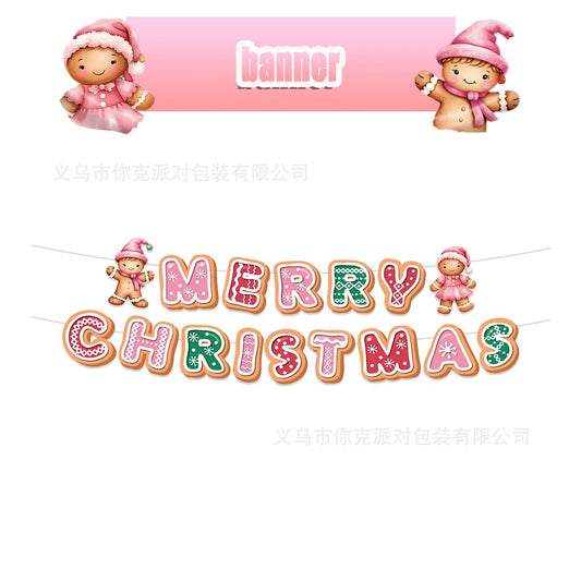 Merry Christmas Party Supplies Disposable Tableware Set Pink Gingerbread Plates Cups Banner Napkin New Year Backdrop Room Decor