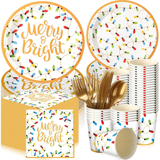 Nitial 240 Pcs Christmas Paper Plates and Napkins Serve 30 Guests Christmas Party Supplies Disposable Xmas Tableware Set Plates Napkins Cups with Knife Fork Spoon(WhiteChristmas Lights Style)