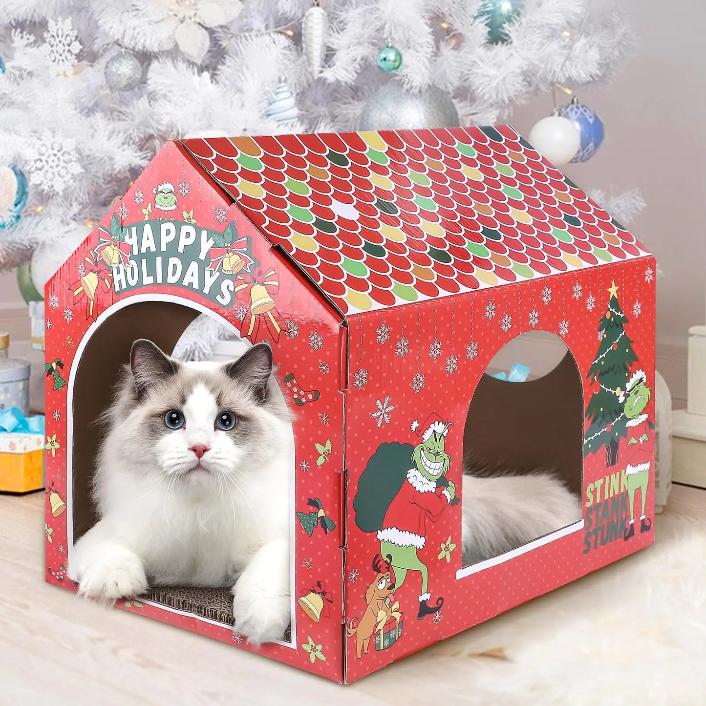 Christmas Cat HouseCardboard Cat House for Indoor Cats with Scratcher Pad Xmas Cat Cardboard House Multi-Purpose Cat Houses for Cat Birthday Christmas Decorations