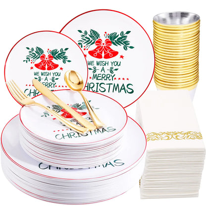 LIYH 175 PCS Christmas Plastic PlatesChristmas Plastic Dinnerware Include Gold Plastic SilverwareGold Plastic Cups & Gold NapkinsChristmas Plates and Napkins Set