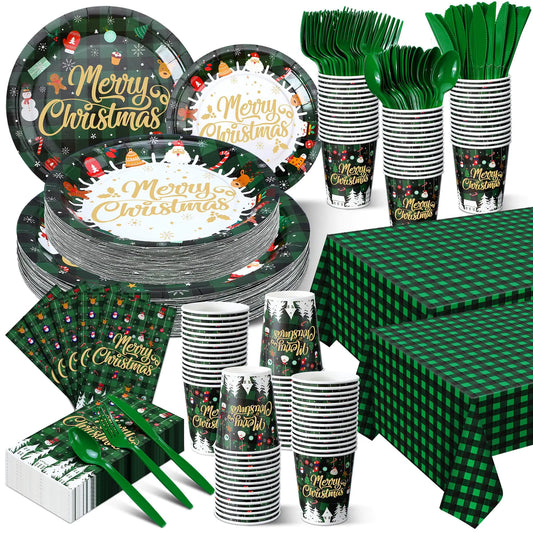 Dandat 402 Pcs Christmas Plates and Napkins Party Supplies Disposable Christmas Table Dinnerware Set Christmas Party Plates Napkins Cups Tablecloth for Holiday Xmas(GreenMerry)
