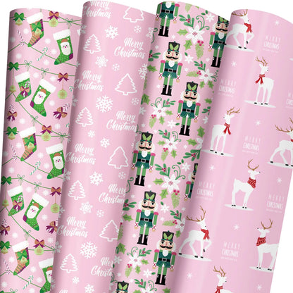 ZINTBIAL Pink Christmas Wrapping Paper for Kids Adults - Xmas Wrapping Paper with Nutcracker Stockings Reindeer Christmas Trees Designs - 28 x 40 Inches 6 Jumbo Sheets - Easy to Store
