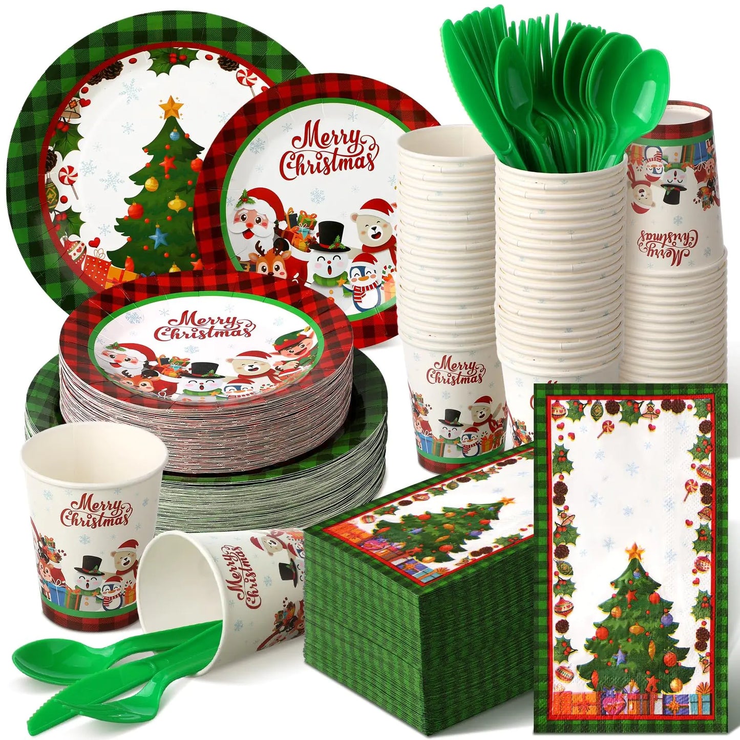 Sinmoe 400 Pcs Christmas Dinnerware Set Disposable Christmas Plates and Napkins Set Serve 50 Winter Xmas Paper Dinner Plates Napkins Cup Christmas Party Supplies for Holiday (BlackredSanta)