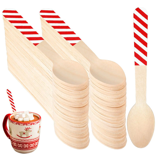 Umigy 100 Pieces Wooden Spoons Disposable 5.5 Christmas Disposable Wooden Spoon Pattern Wooden Spoons for Hot Chocolate Wooden Tasting Spoons for Cake Cocoa Coffee Ice Cream (Red White Stripe)