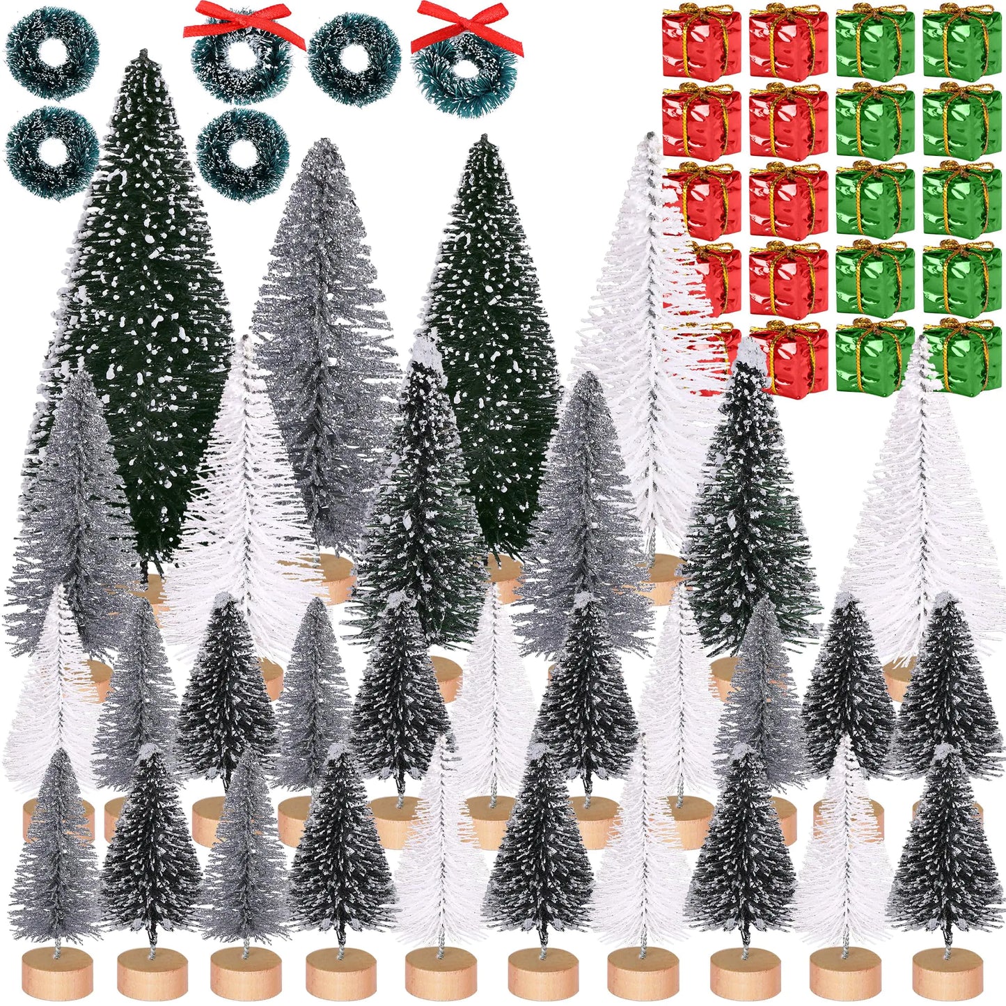 Iceyyyy 56 Pcs Artificial Mini Christmas Trees Set - Miniature Sisal Frosted Christmas Trees Bottle Brush Trees for DIY Crafts Home Table Top Decor