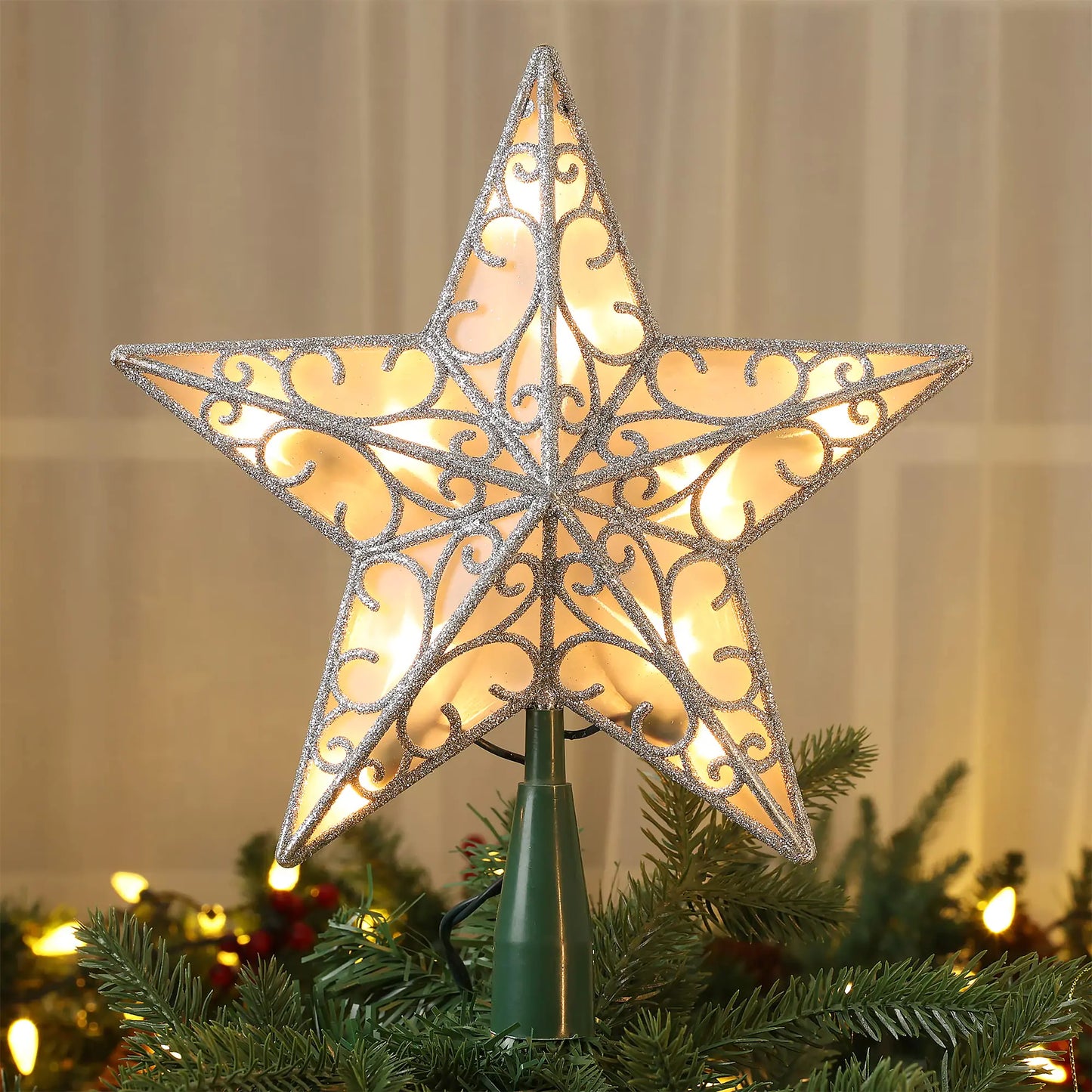 Brizled 9.5” Christmas Star Tree Topper Glittered Silver Treetop Star 3D Star Christmas Tree Topper with 10 Lights UL Certified Lighted Xmas Tree Topper for Christmas Tree Decorations
