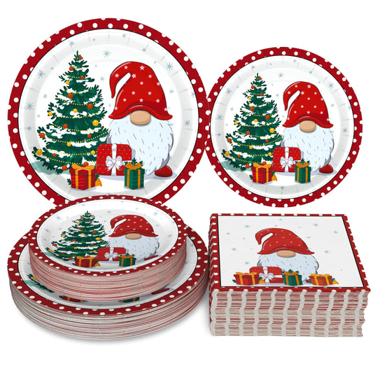 Homlouue 200 Pcs Christmas Paper Plates and Napkins Christmas Tree Gnome Plates and Napkins Disposable Christmas Dinner Plates and Napkins Serve 50 Guest Christmas Party Table Decorations