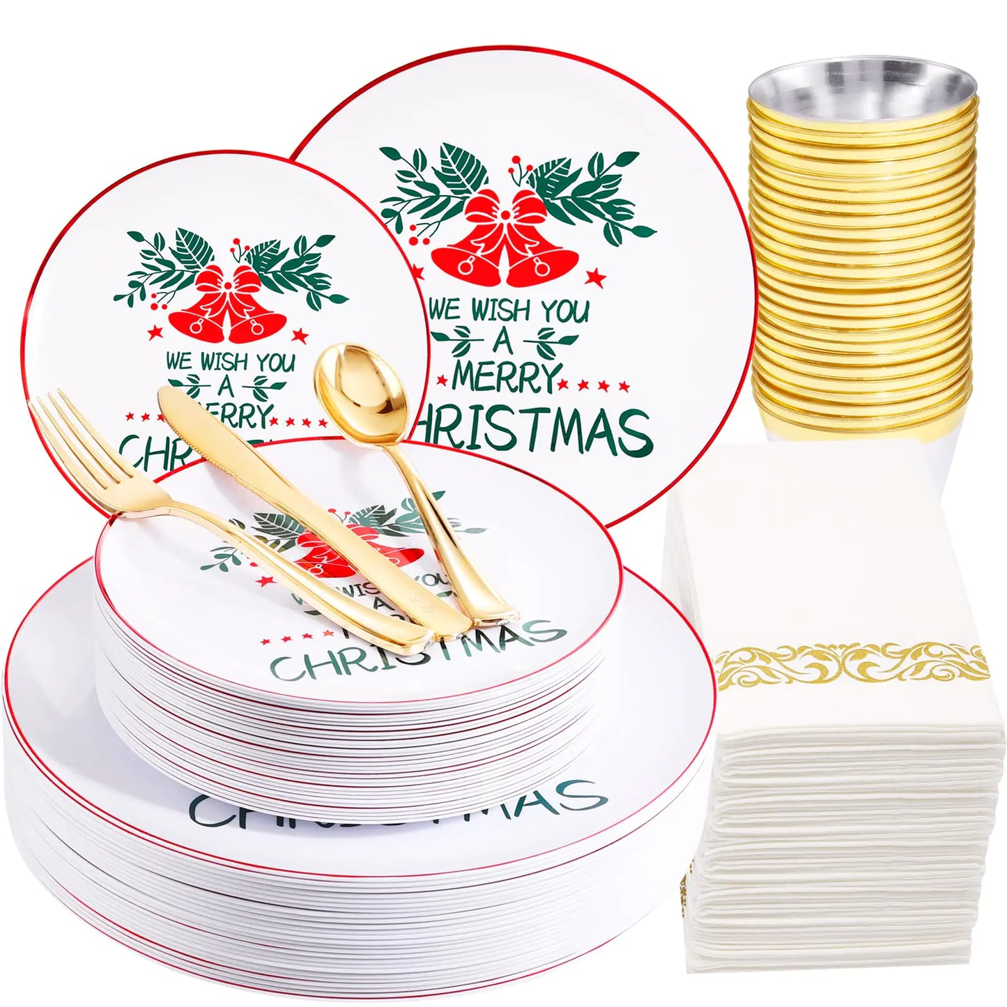 LIYH 175 PCS Christmas Plastic PlatesChristmas Plastic Dinnerware Include Gold Plastic SilverwareGold Plastic Cups & Gold NapkinsChristmas Plates and Napkins Set