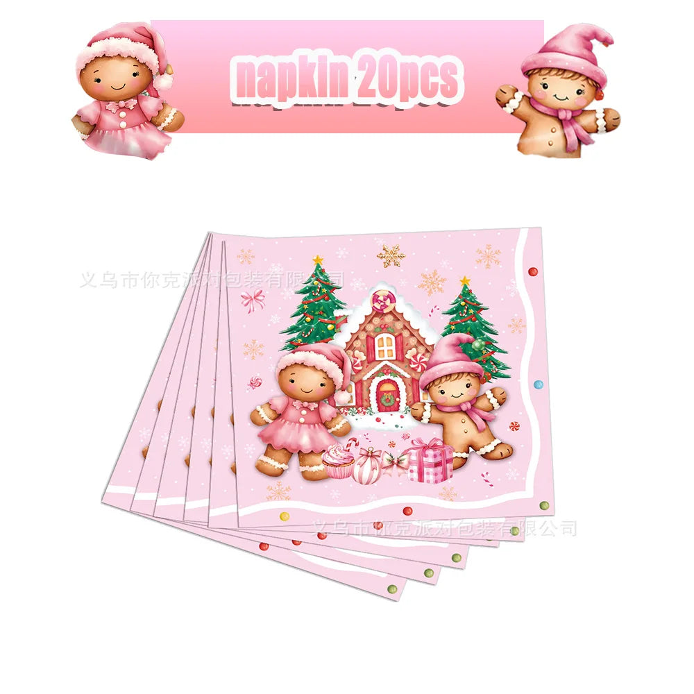 Merry Christmas Party Supplies Disposable Tableware Set Pink Gingerbread Plates Cups Banner Napkin New Year Backdrop Room Decor