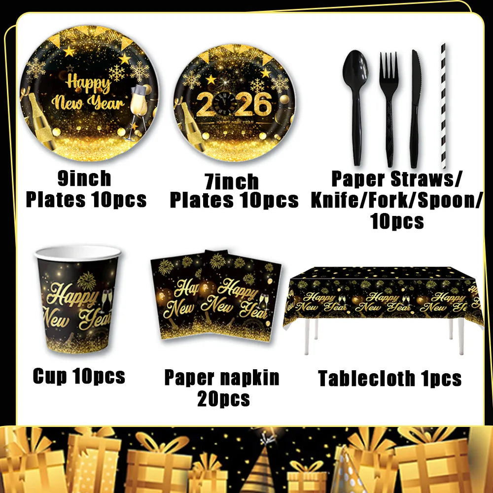2026  Happy New Year Eve Party Decorations Black And Gold Disposable Tableware 2026 Number Balloons Family Gathering Backdrop