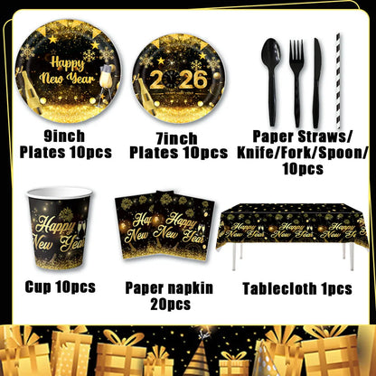 2026  Happy New Year Eve Party Decorations Black And Gold Disposable Tableware 2026 Number Balloons Family Gathering Backdrop