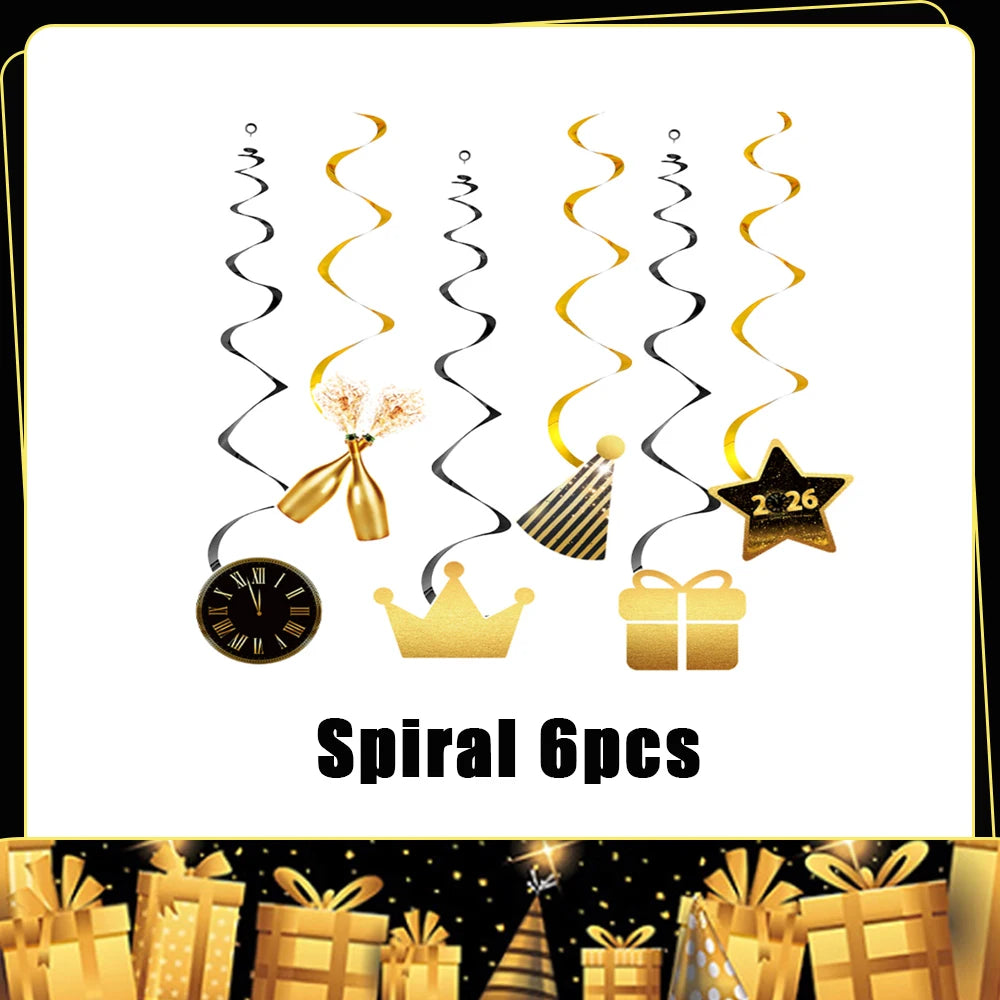 2026  Happy New Year Eve Party Decorations Black And Gold Disposable Tableware 2026 Number Balloons Family Gathering Backdrop