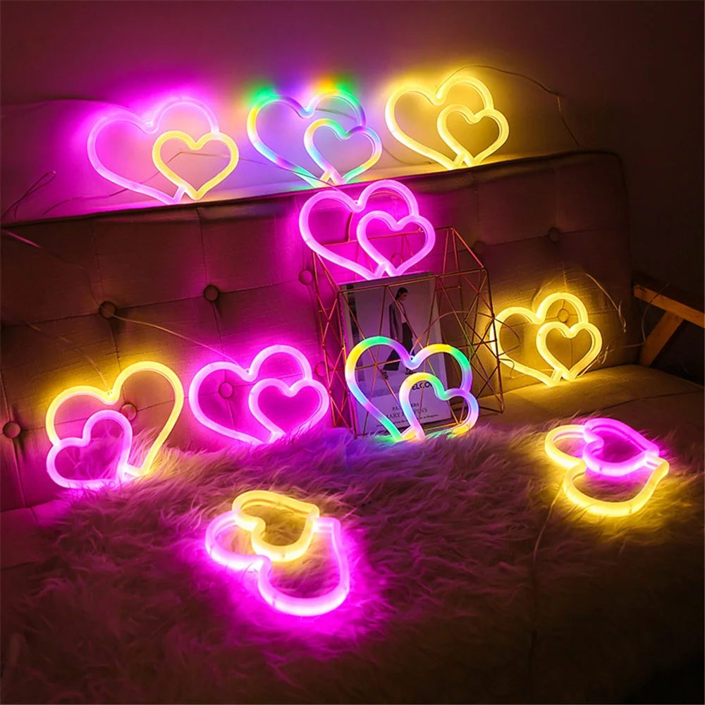Double Heart Neon Wall Decor, USB/2A Battery Powered, Perfect for Bedroom, Kids' Room & Game Room Decoration, Unique Festival Gi