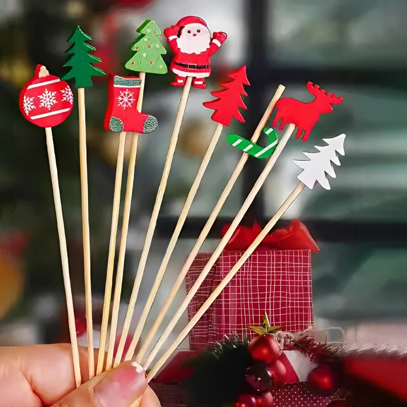 Christmas And New Year Disposable Fruit Sticks Fruit Forks Creative Art Toothpicks (100 Sticks Per Pack)