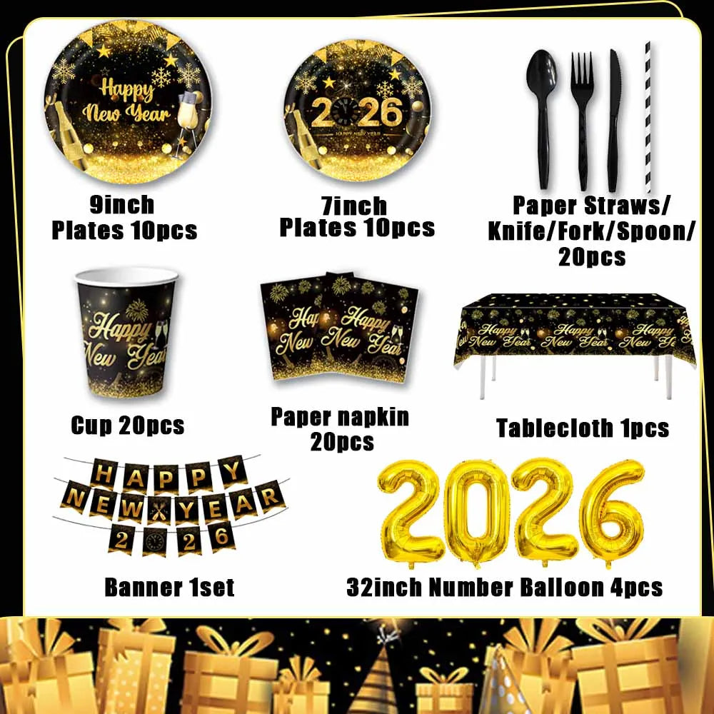 2026  Happy New Year Eve Party Decorations Black And Gold Disposable Tableware 2026 Number Balloons Family Gathering Backdrop