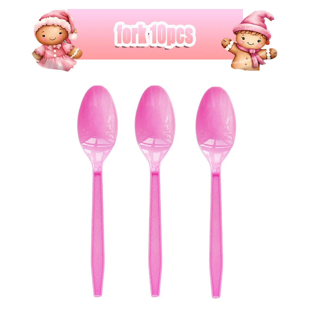 Merry Christmas Party Supplies Disposable Tableware Set Pink Gingerbread Plates Cups Banner Napkin New Year Backdrop Room Decor