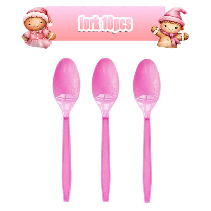 Merry Christmas Party Supplies Disposable Tableware Set Pink Gingerbread Plates Cups Banner Napkin New Year Backdrop Room Decor