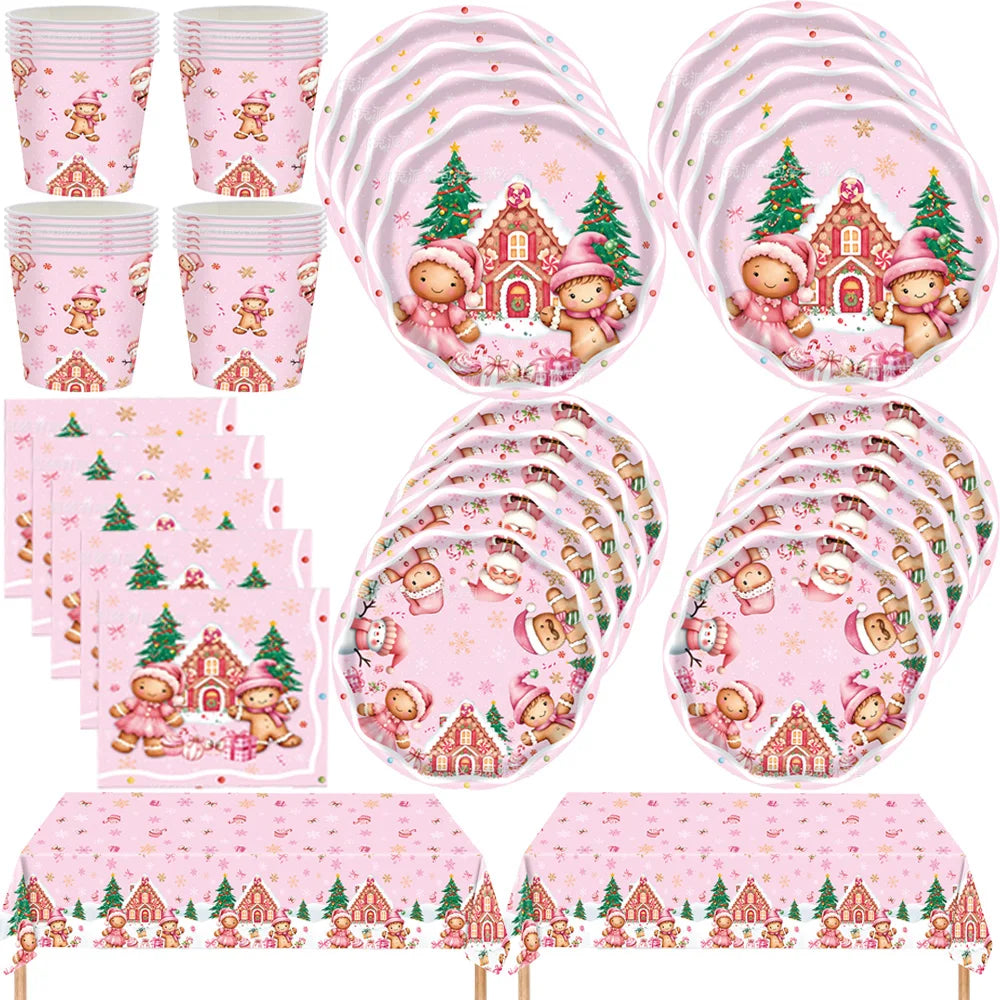 Merry Christmas Party Supplies Disposable Tableware Set Pink Gingerbread Plates Cups Banner Napkin New Year Backdrop Room Decor