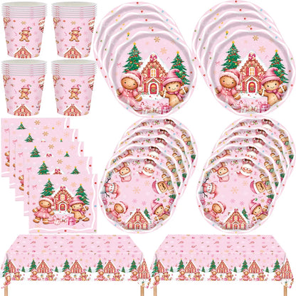 Merry Christmas Party Supplies Disposable Tableware Set Pink Gingerbread Plates Cups Banner Napkin New Year Backdrop Room Decor