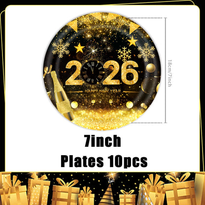2026  Happy New Year Eve Party Decorations Black And Gold Disposable Tableware 2026 Number Balloons Family Gathering Backdrop