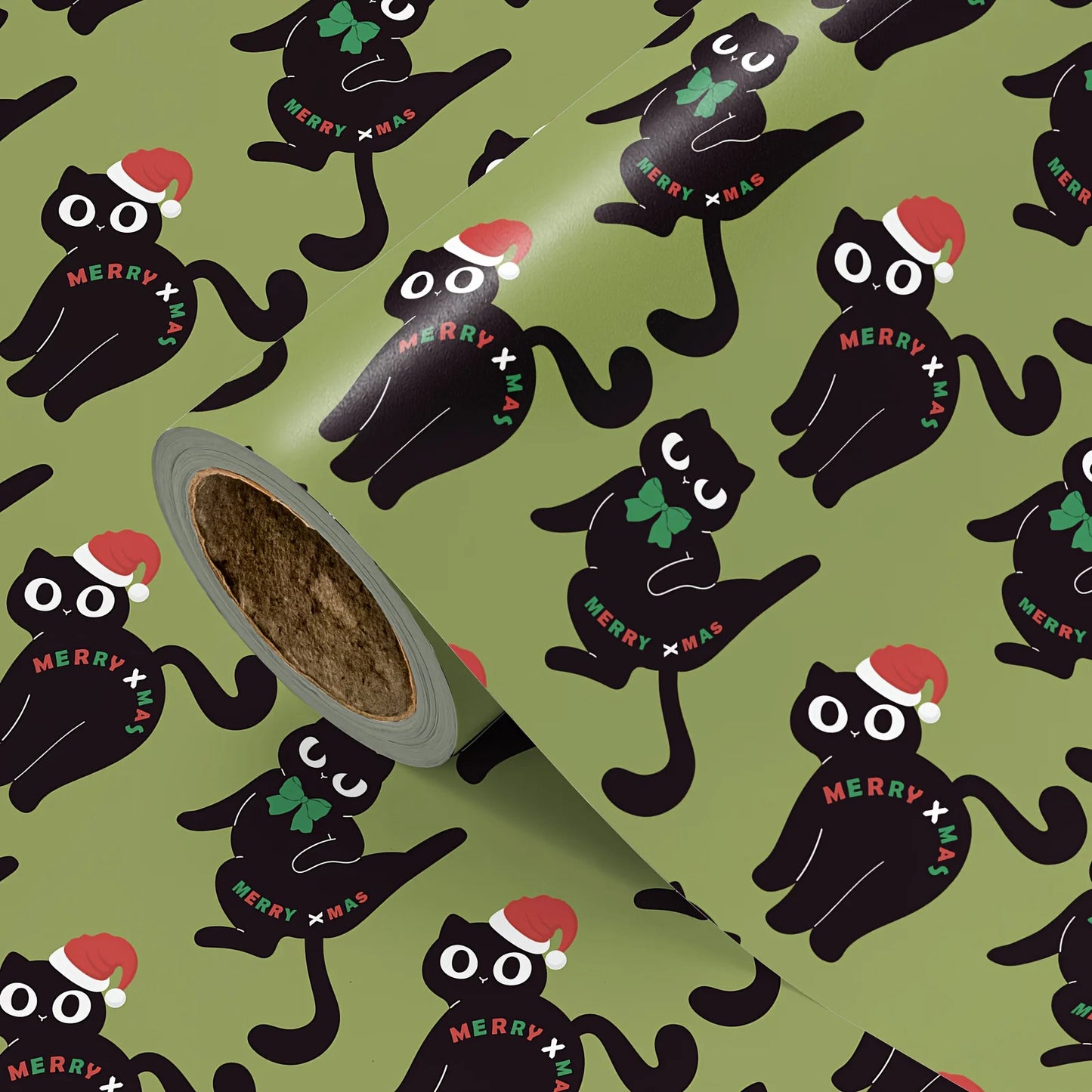 1 Roll Christmas Wrapping Paper Green Background Black Cat Santa Hat 43cm x 500cm for Gift Wrapping Holiday Decor FestiveJoy Use