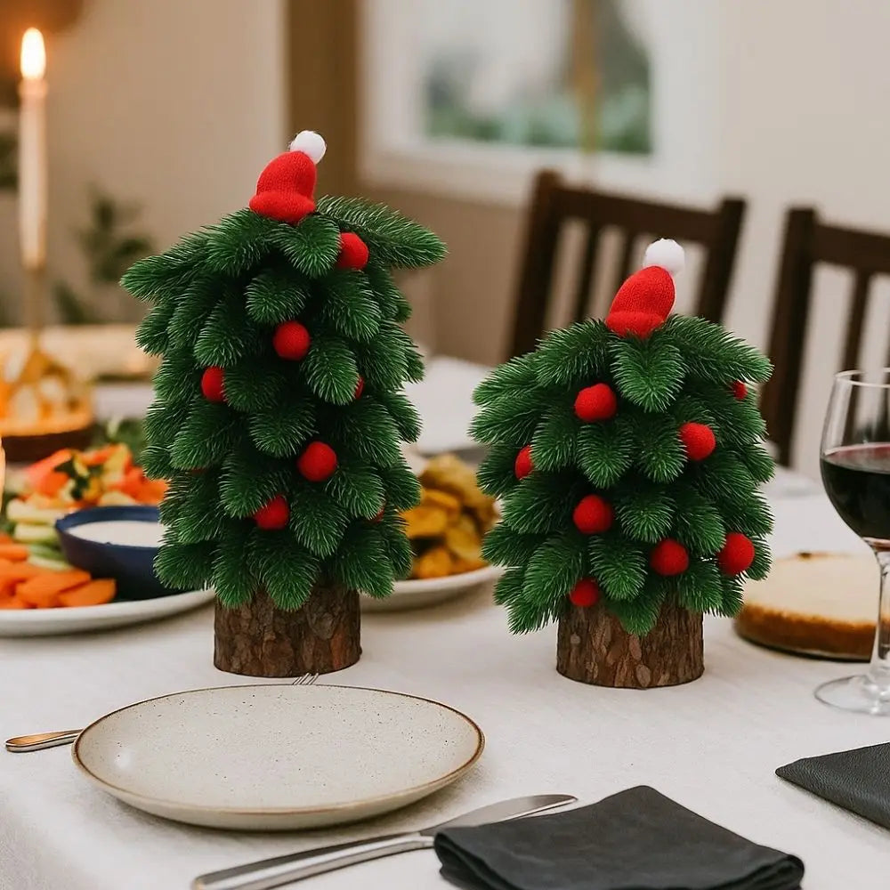 Tower Shaped Christmas Tree Ornaments Lifelike Reusable Mini Christmas Tree Wooden Base Christmas Decorations