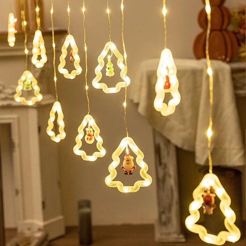 Christmas Decorations LED Curtain String Lights Cute Xmas Tree Santa Claus Pendants Lamp for Home Garden Party New Year Decor