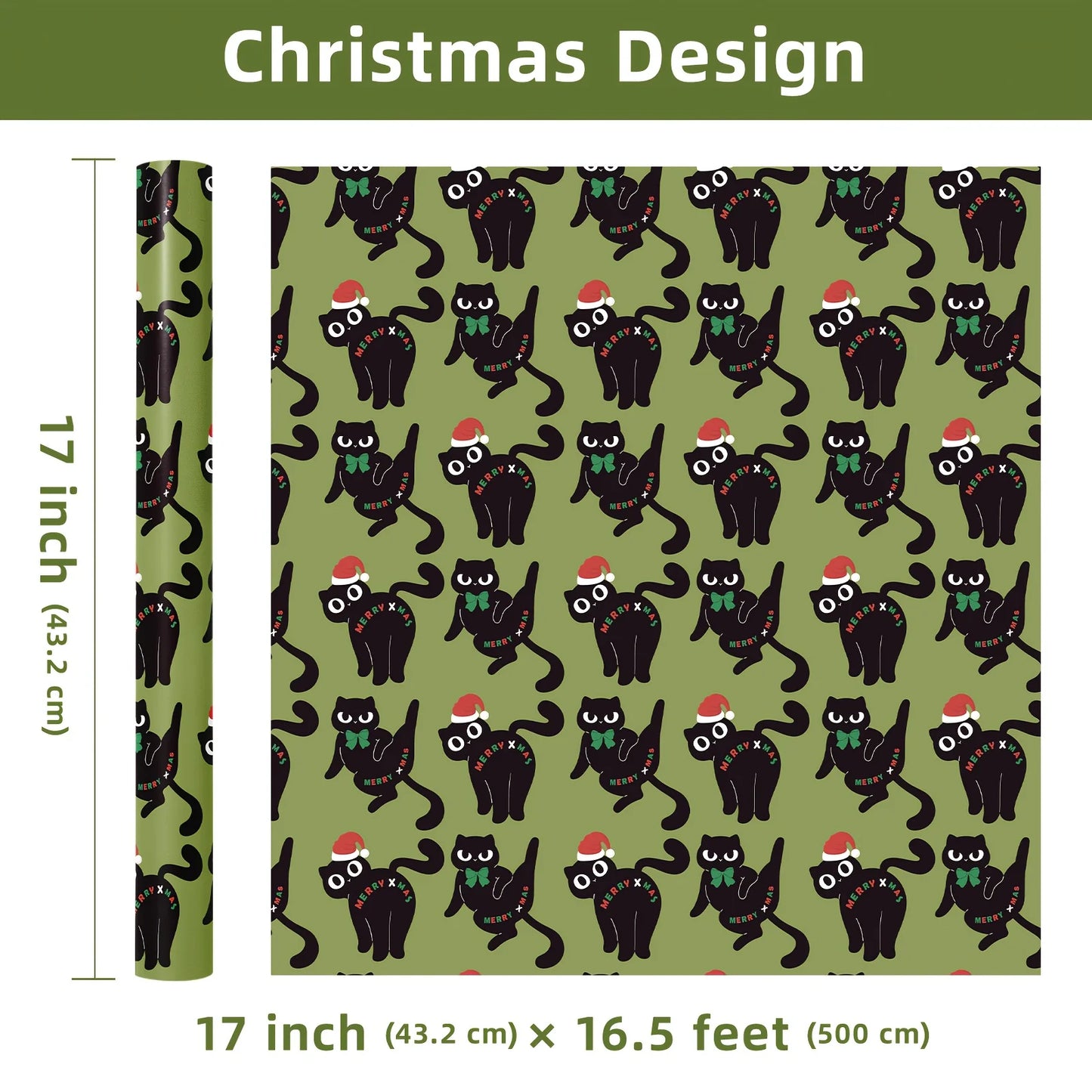1 Roll Christmas Wrapping Paper Green Background Black Cat Santa Hat 43cm x 500cm for Gift Wrapping Holiday Decor FestiveJoy Use