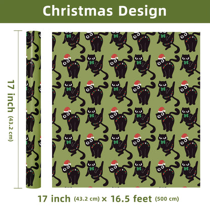 1 Roll Christmas Wrapping Paper Green Background Black Cat Santa Hat 43cm x 500cm for Gift Wrapping Holiday Decor FestiveJoy Use