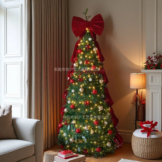 Foldable Christmas Tree 1.2-2.1m with Lights And Large Bows Portable Home Decorative Mini Christmas Tree