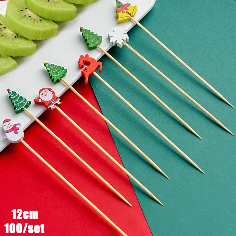 Christmas And New Year Disposable Fruit Sticks Fruit Forks Creative Art Toothpicks (100 Sticks Per Pack)