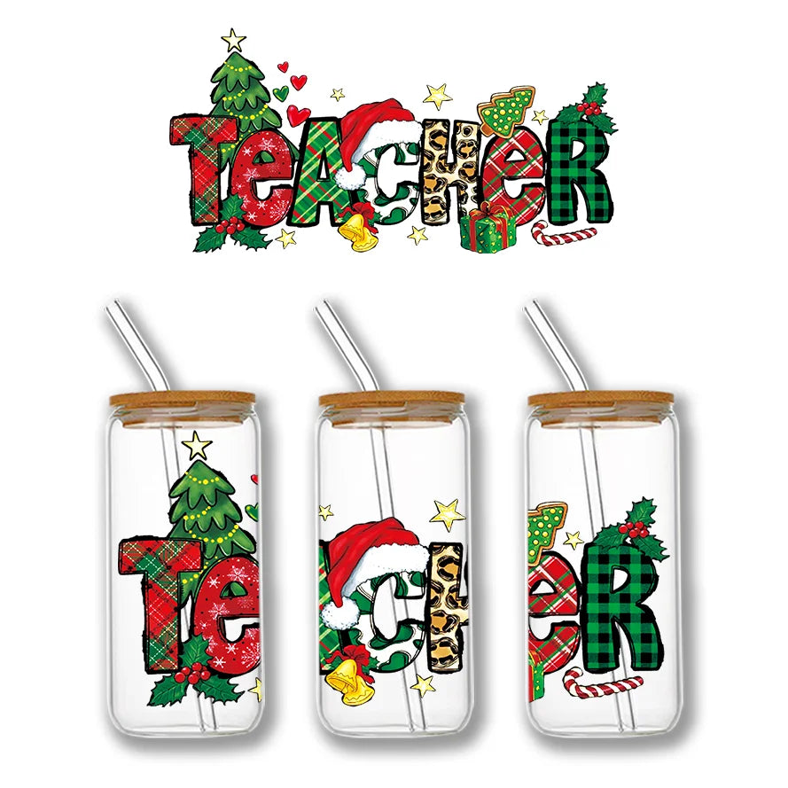 Christmas Design 3D UV DTF Wraps Stickers Cute Wraps .For 16 OZ Glass Libbey Selfadhesive Washable DIY Custom Cups Wrap Stickers