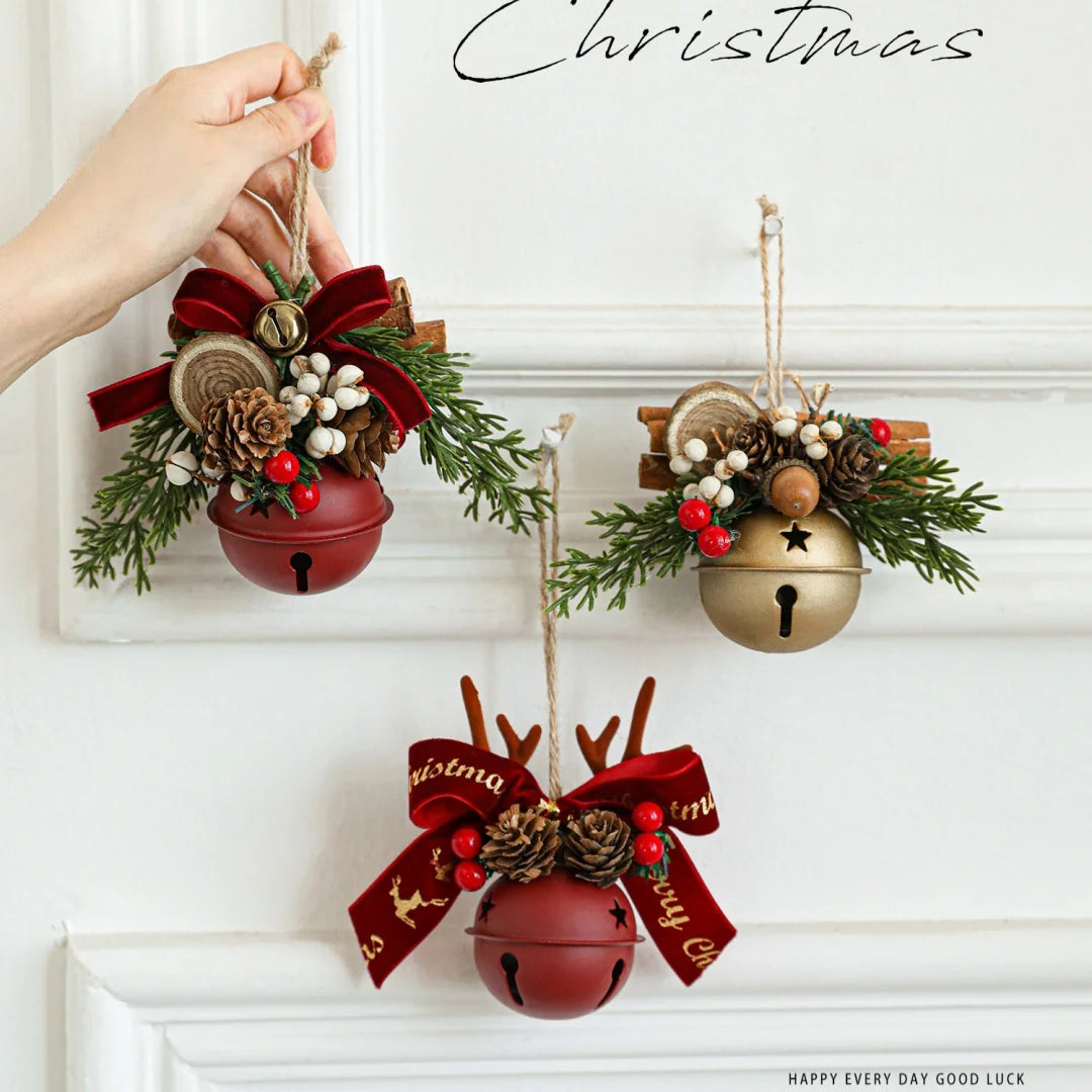 Christmas Bells Bow Antlers Red Fruit Pine Bough Pinecone Pendant Christmas Tree Jingle Bells Hanging Ornament New Year Decor