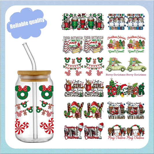 Christmas Design 3D UV DTF Wraps Stickers Cute Wraps .For 16 OZ Glass Libbey Selfadhesive Washable DIY Custom Cups Wrap Stickers