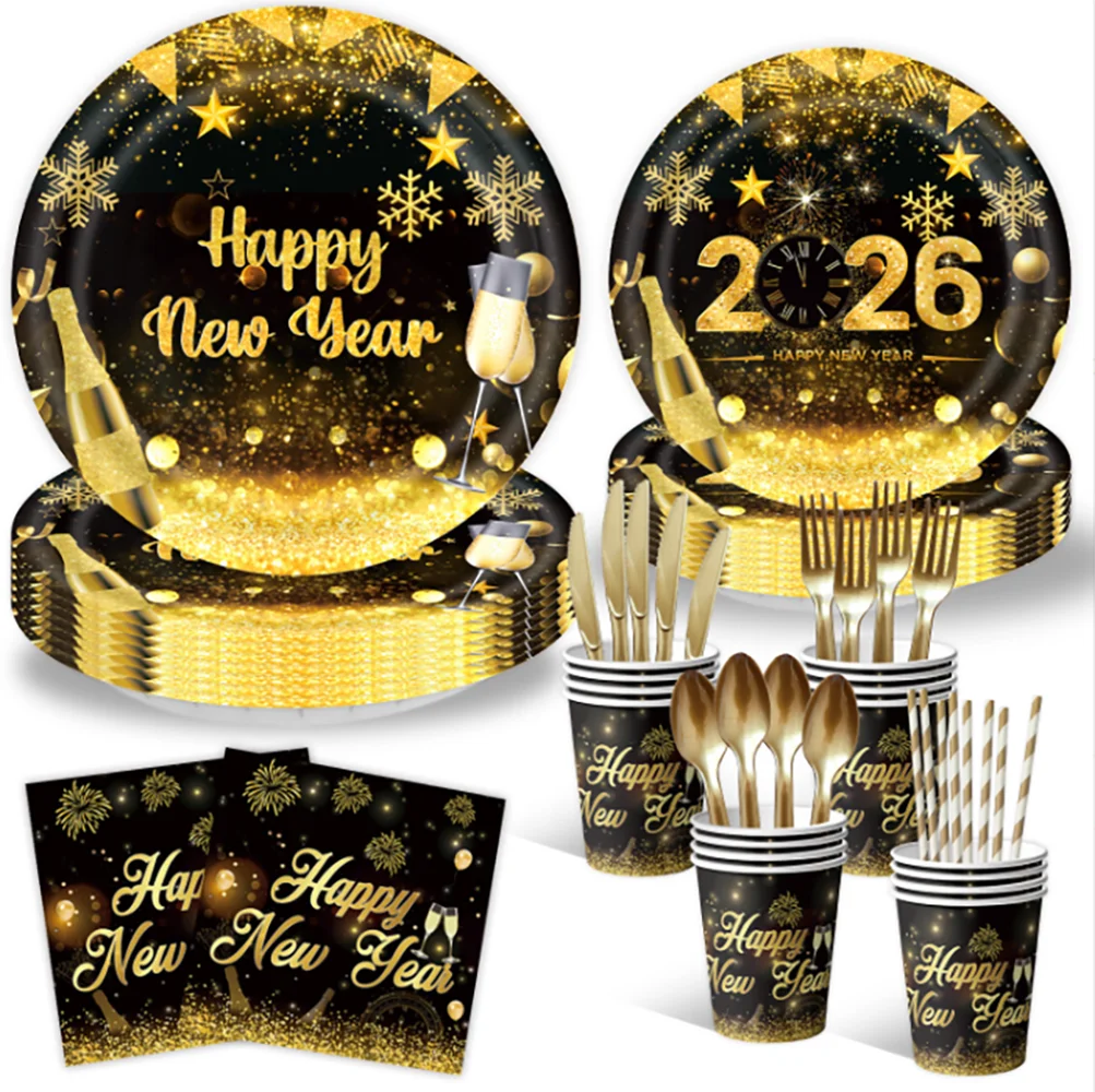 2026  Happy New Year Eve Party Decorations Black And Gold Disposable Tableware 2026 Number Balloons Family Gathering Backdrop