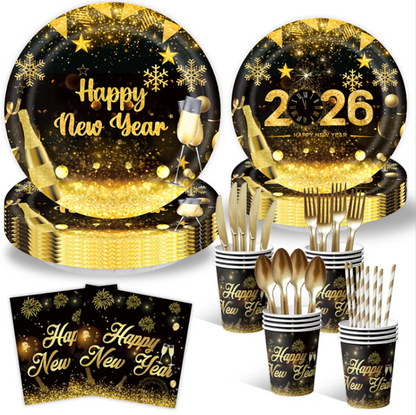 2026  Happy New Year Eve Party Decorations Black And Gold Disposable Tableware 2026 Number Balloons Family Gathering Backdrop