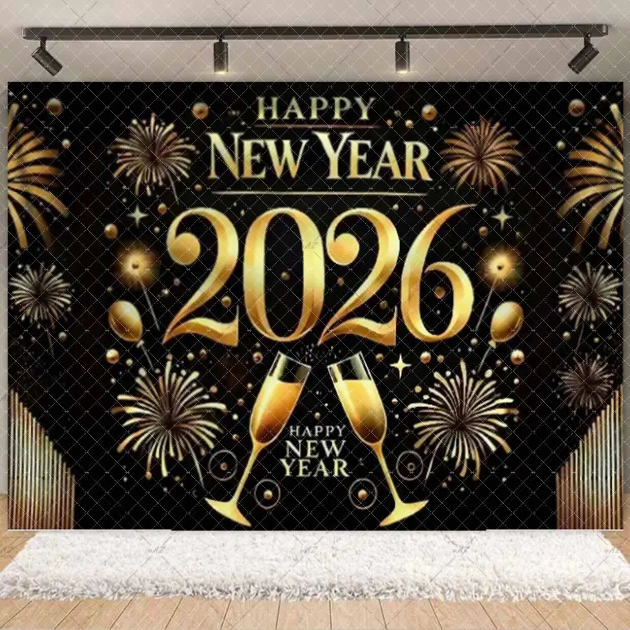 2026  Happy New Year Eve Party Decorations Black And Gold Disposable Tableware 2026 Number Balloons Family Gathering Backdrop