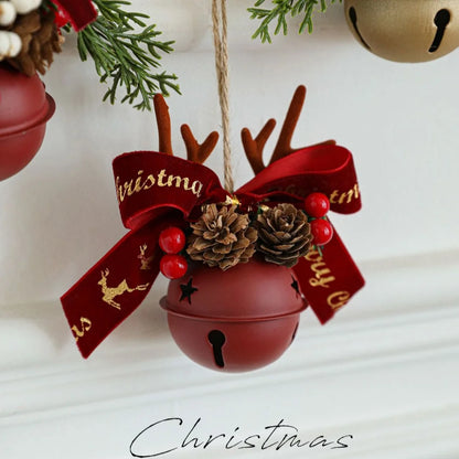 Christmas Bells Bow Antlers Red Fruit Pine Bough Pinecone Pendant Christmas Tree Jingle Bells Hanging Ornament New Year Decor