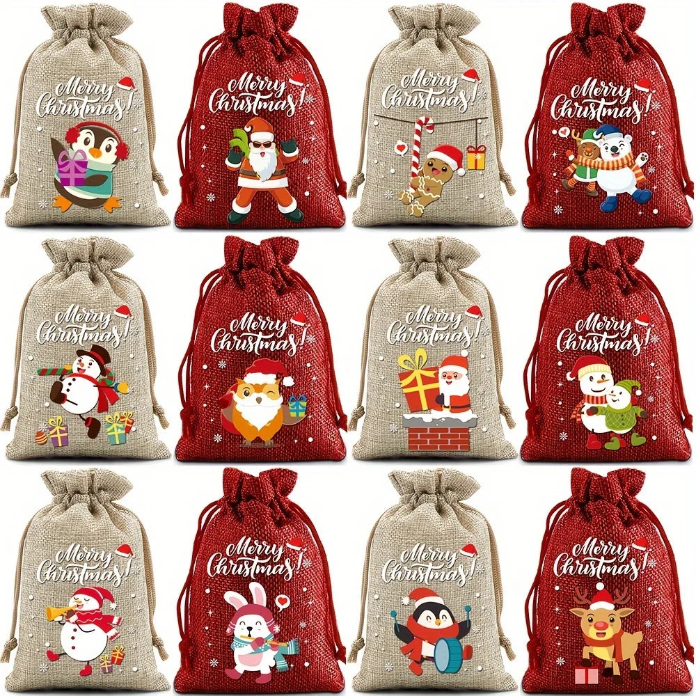 12 Christmas Burlap Cloth Bags Fabric Bags Biscuit Candy Bags Party Packaging Storage Bags Suitable For Gift Festivals 2025 New