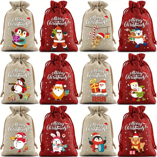 12 Christmas Burlap Cloth Bags Fabric Bags Biscuit Candy Bags Party Packaging Storage Bags Suitable For Gift Festivals 2025 New