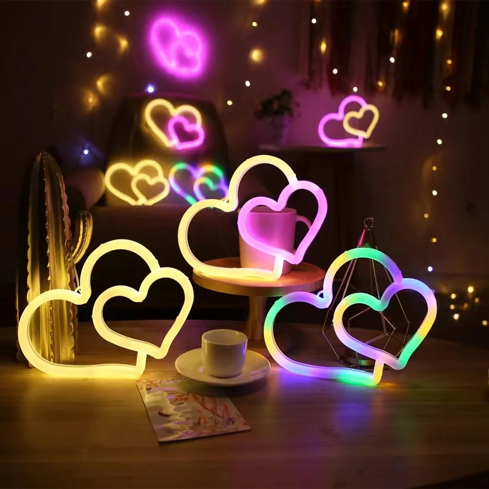 Double Heart Neon Wall Decor, USB/2A Battery Powered, Perfect for Bedroom, Kids' Room & Game Room Decoration, Unique Festival Gi